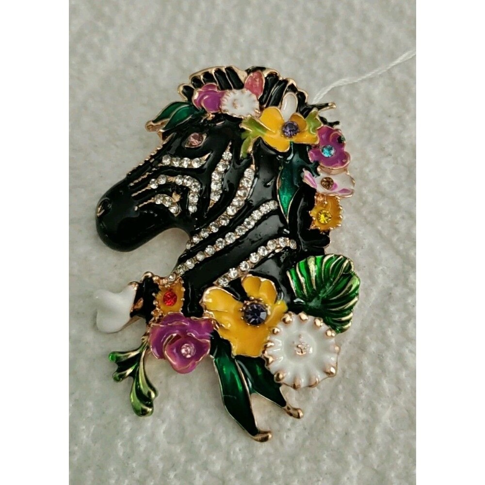 Black Enamel Gold Toned Rhinestone Floral  Horse Brooch